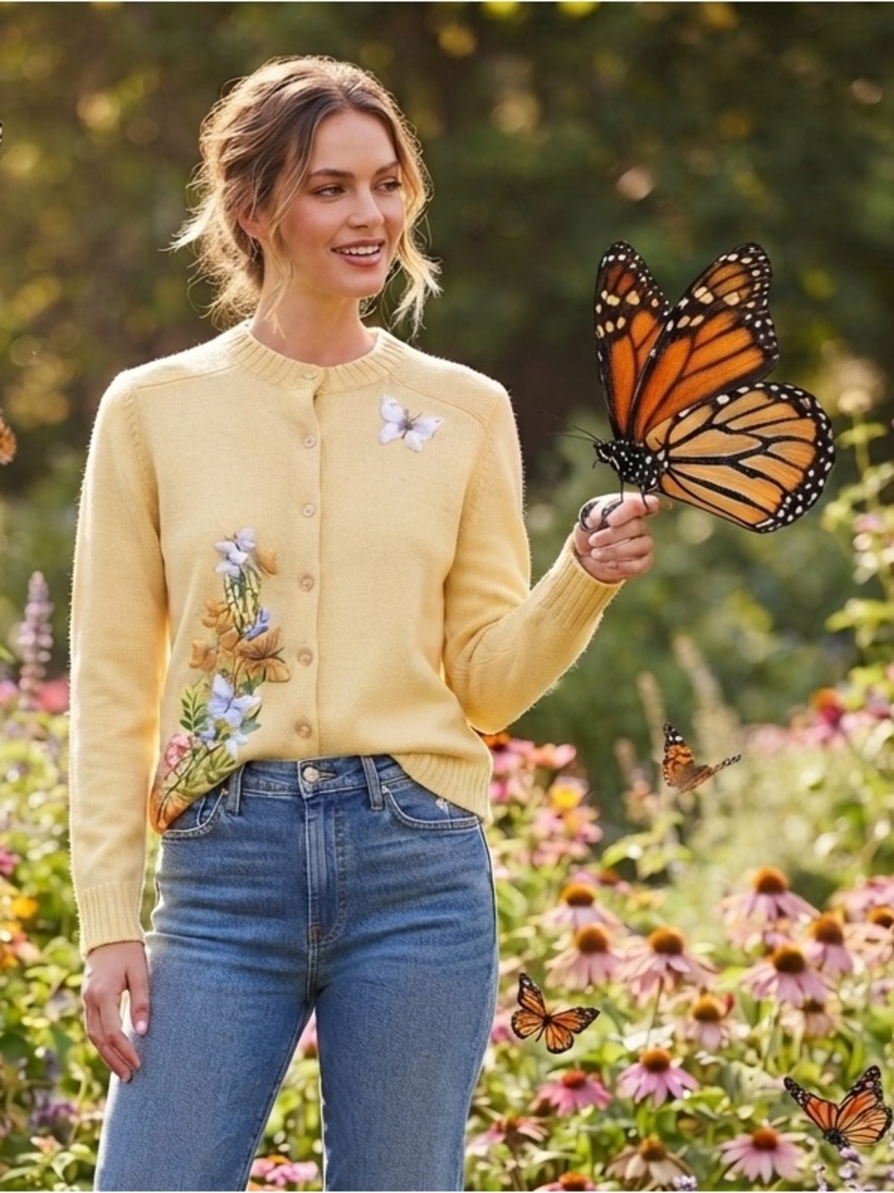 Vintage Appliqué Embroidered Floral Crewneck Cardigan - Buttercup Yellow
